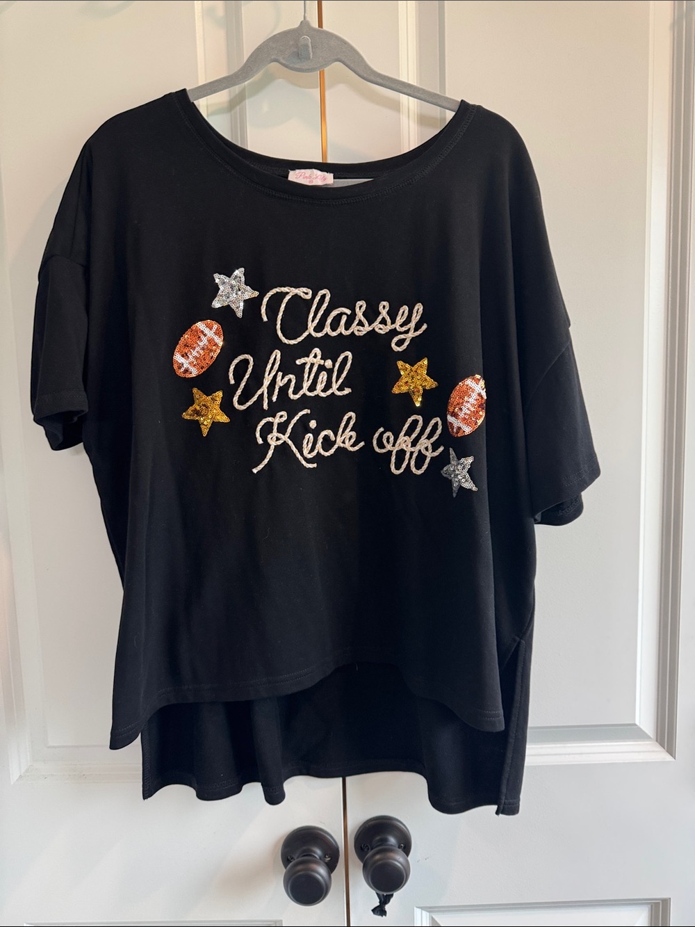 Pink Lily Black Short Sleeve Sequin 'Classy Until Kickoff' Tee